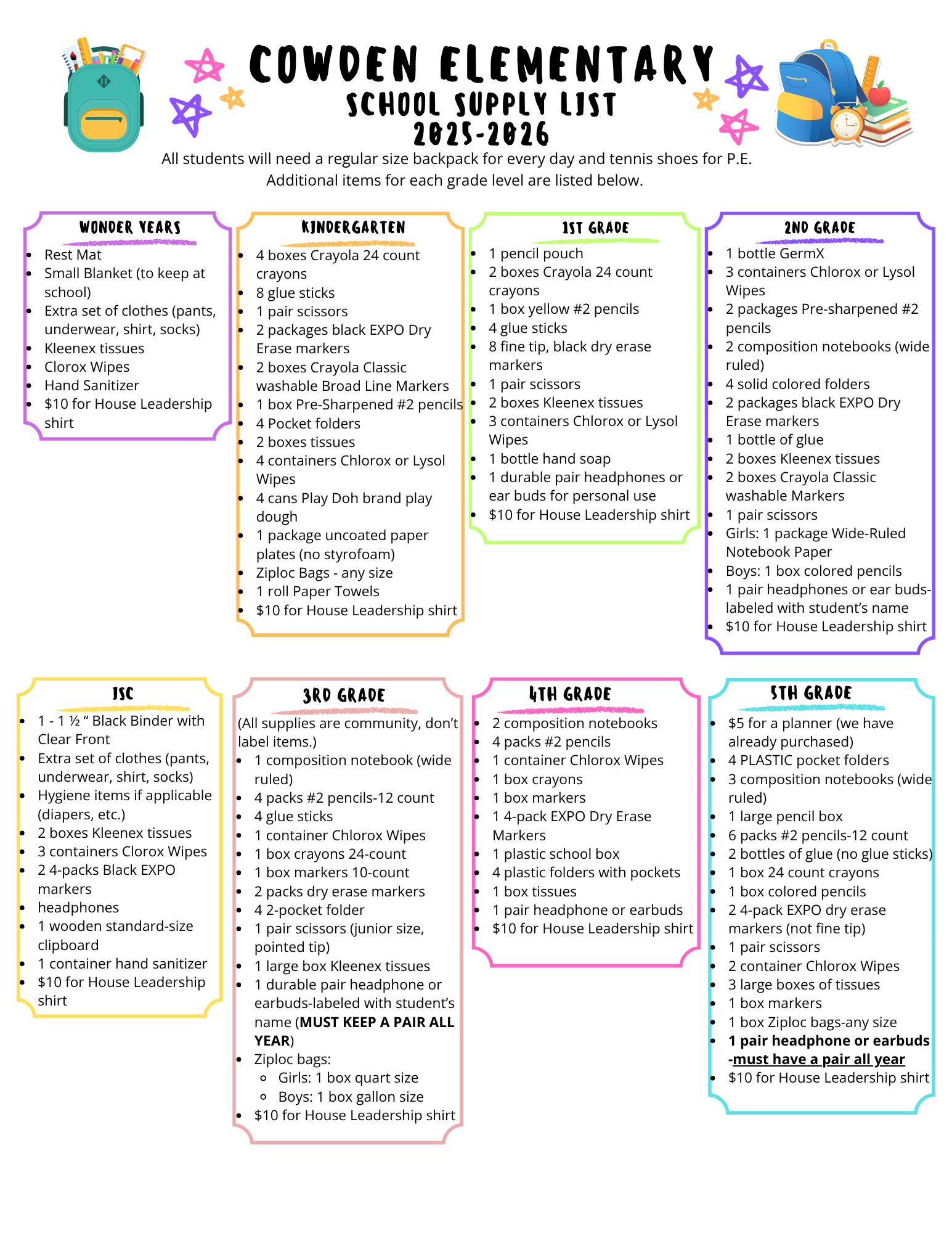  2025-2026 Cowden School Supply List